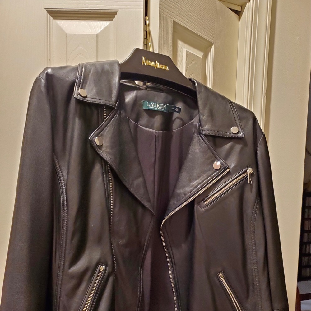 Lauren by Ralph Lauren Black Fringe Moto Leather Jacket.